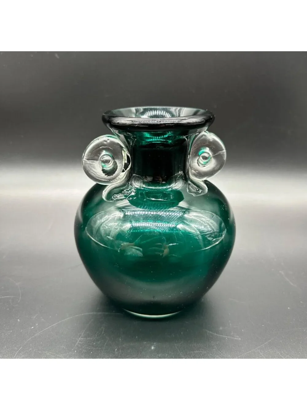 Art Glass Vase Forest Green Glass Clear Applied Handles Polished Bottom Handmade